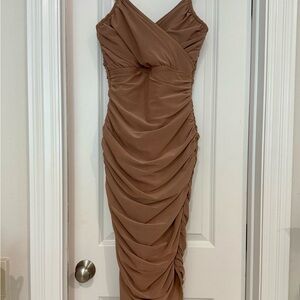 Elliatt Brown Asymmetrical Ruched Bodycon Dress